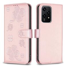Custodia per telefono in pelle goffrata a quattro foglie per Honor 200 Lite (rosa)