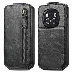 Custodia per telefono in pelle con chiusura verticale a portafoglio con cerniera per Honor Magic6 (nera)