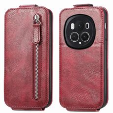 Custodia per telefono in pelle con chiusura verticale a portafoglio con cerniera per Honor Magic6 Pro (rossa)