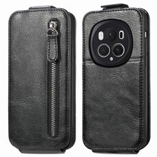 Custodia per telefono in pelle con chiusura verticale a portafoglio con cerniera per Honor Magic6 Pro (nera)