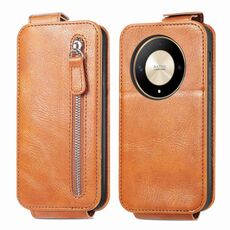 Custodia per cellulare in pelle con chiusura verticale a portafoglio con cerniera per Honor X9b (marrone)