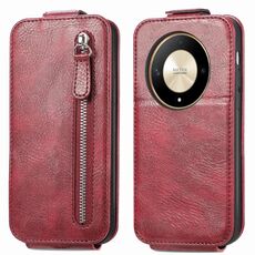 Custodia per telefono in pelle con chiusura verticale a portafoglio con cerniera per Honor X9b (rossa)