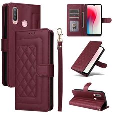 Custodia per cellulare in pelle con reticolo diamantato per vivo Y3 / Y17 (vino rosso)