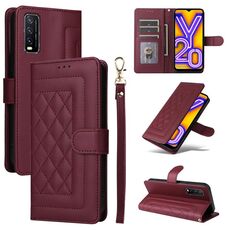 Custodia per cellulare in pelle con reticolo diamantato per vivo Y20 / Y20i (vino rosso)