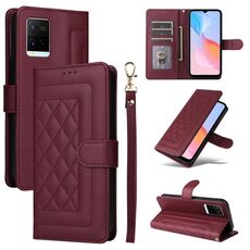 Per vivo Y21 / Y33s Custodia a vibrazione in pelle con reticolo diamantato (vino rosso)
