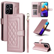 Per vivo Y22s / Y35 Custodia per cellulare in pelle con reticolo diamantato (oro rosa)