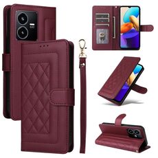 Custodia per cellulare in pelle con reticolo diamantato per vivo Y22s / Y35 (vino rosso)