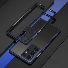 Per Samsung Galaxy S24 Ultra 5G Serie Aurora Protezione per lenti + Custodia per telefono con struttura in metallo (Nero Blu)