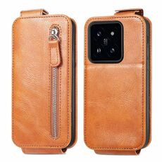 Per Xiaomi 14 Custodia per telefono in pelle con chiusura verticale a portafoglio con cerniera (marrone)