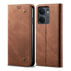Custodia per telefono in pelle flip con texture denim per vivo iQOO Neo9 Pro / Neo9 (marrone)