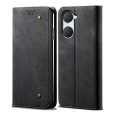Custodia per cellulare in pelle flip con texture denim per vivo Y03 4G (nera)