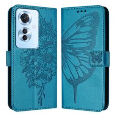 Per OPPO Reno 11F 5G Custodia per cellulare in pelle con farfalla in rilievo globale (blu)