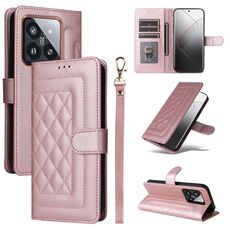 Per Xiaomi 14 Pro 5G Custodia per cellulare in pelle con reticolo di diamanti (oro rosa)