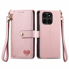 Custodia per telefono in pelle con cordino e cerniera Love per Honor X6a (rosa)