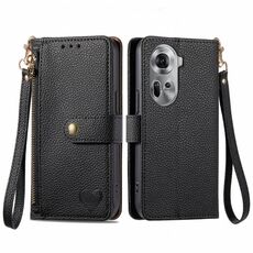 Per OPPO Reno11 5G Global Love Custodia in pelle con cordino e cerniera (nera)