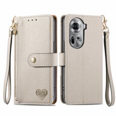 Per OPPO Reno11 5G Global Love Custodia in pelle con cordino con cerniera (grigio)