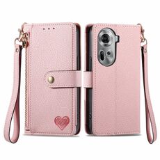 Per OPPO Reno11 5G Global Love Custodia in pelle con cordino con cerniera (rosa)