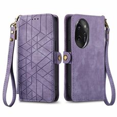 Custodia per telefono in pelle con fibbia laterale con cerniera geometrica per Honor 100 Pro 5G (viola)