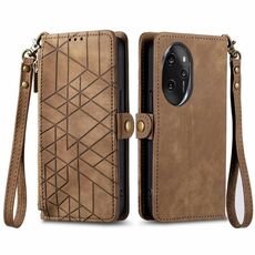 Custodia per telefono in pelle con fibbia laterale con cerniera geometrica per Honor 100 Pro 5G (marrone)