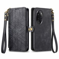Custodia per telefono in pelle con fibbia laterale con cerniera geometrica per Honor 100 Pro 5G (nera)