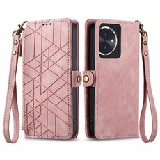 Custodia per telefono in pelle con fibbia laterale con cerniera geometrica per Honor 100 5G (rosa)