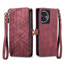Custodia per telefono in pelle con fibbia laterale con cerniera geometrica per Honor 100 5G (rosso)