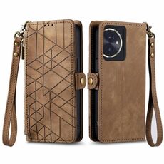 Custodia per telefono in pelle con fibbia laterale con cerniera geometrica per Honor 100 5G (marrone)