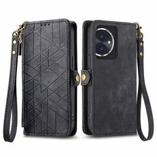 Custodia per telefono in pelle con fibbia laterale con cerniera geometrica per Honor 100 5G (nera)