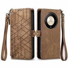 Custodia per telefono in pelle con fibbia laterale con cerniera geometrica per Honor X9b (marrone)
