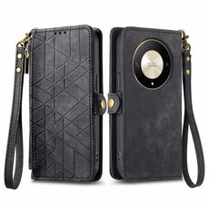 Custodia per telefono in pelle con fibbia laterale con cerniera geometrica per Honor X9b (nera)