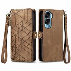 Custodia per telefono in pelle con fibbia laterale con cerniera geometrica per Honor X50i (marrone)