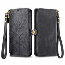 Custodia per telefono in pelle con fibbia laterale con cerniera geometrica per Honor X50i (nera)