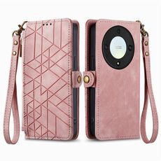 Custodia per telefono in pelle con fibbia laterale con cerniera geometrica per Honor X9a (rosa)