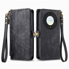 Custodia per telefono in pelle con fibbia laterale con cerniera geometrica per Honor X9a (nera)