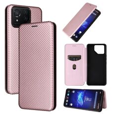 Custodia per cellulare in pelle flip con texture in fibra di carbonio per ASUS ROG Phone 8 (rosa)