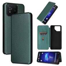 Custodia per cellulare in pelle flip con texture in fibra di carbonio per ASUS ROG Phone 8 (verde)