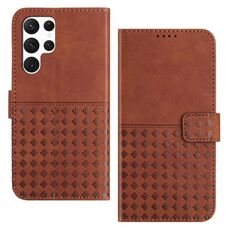 Custodia per telefono in pelle con blocco RFID in tessuto goffrato per Samsung Galaxy S22 Ultra 5G (marrone)