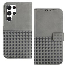 Custodia per telefono in pelle con blocco RFID in tessuto goffrato per Samsung Galaxy S22 Ultra 5G (grigio)