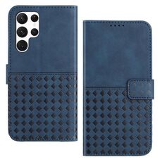 Custodia per telefono in pelle con blocco RFID in tessuto goffrato per Samsung Galaxy S22 Ultra 5G (blu)
