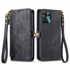 Per OPPO Reno11 F 5G Custodia per telefono in pelle con cerniera geometrica portafoglio con fibbia laterale (nera)