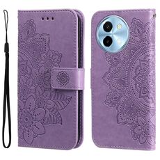 Per vivo Y38 5G / T3x 5G Custodia per cellulare in pelle con stampa globale a 7 petali di fiori (viola chiaro)