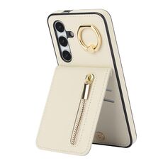 Per Samsung Galaxy S24+ 5G Custodia per telefono con slot per scheda RFID retrò con anello e cerniera (Beige)