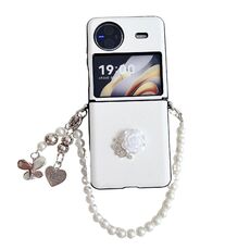 Per vivo X Flip Custodia in pelle con fibbia laterale rosa 3D Custodia antiurto a copertura totale con braccialetto di perle (Bianco)
