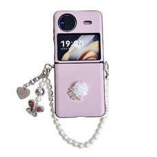 Custodia per cellulare antiurto con fibbia laterale rosa 3D per vivo X Flip con cinturino in perle (rosa)