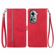 Per OPPO Reno11 5G Custodia per cellulare in pelle con cerniera fiore in rilievo EU (rossa)