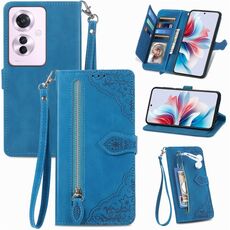 Per OPPO Reno11 F 5G Custodia per telefono in pelle con cerniera fiore in rilievo (blu)