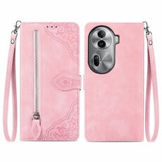 Per OPPO Reno11 Pro 5G Custodia per telefono in pelle con cerniera fiore in rilievo (rosa)