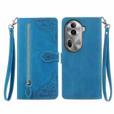 Per OPPO Reno11 Pro 5G Custodia per telefono in pelle con cerniera fiore in rilievo (blu)