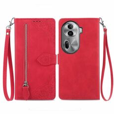 Per OPPO Reno11 Pro 5G Custodia per telefono in pelle con cerniera fiore in rilievo (rossa)