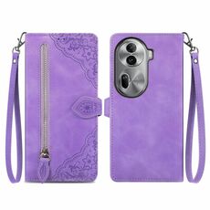 Per OPPO Reno11 Pro 5G Custodia per telefono in pelle con cerniera fiore in rilievo (viola)